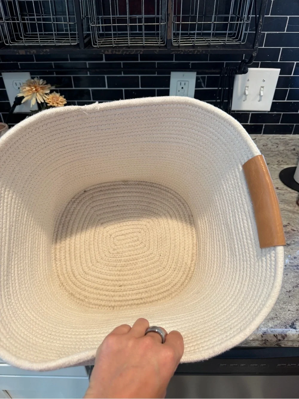 Cream Rope Storage Basket with Leather Handles